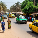 **

A busy street scene in Banjul, Gambia. Yellow and green taxis are picking up and dropping off passengers. People are hailing taxis. Show a mix of locals and tourists. Capture the bustling atmosphere of the city.

**
