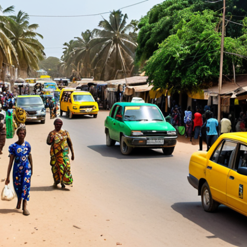 Home 4 **
A busy street scene in Banjul, Gambia. Yellow and green taxis are picking up and dropping off passengers. People are hailing taxis. Show a mix of locals and tourists. Capture the bustling atmosphere of the city.
**