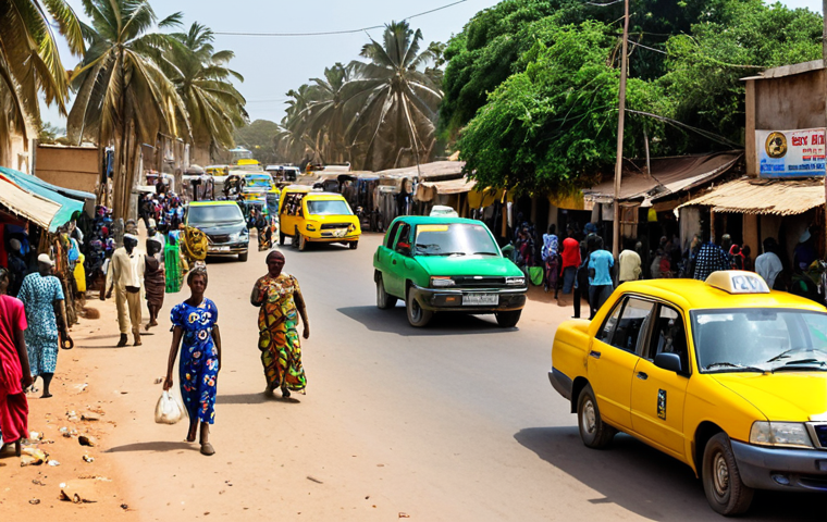 **

A busy street scene in Banjul, Gambia. Yellow and green taxis are picking up and dropping off passengers. People are hailing taxis. Show a mix of locals and tourists. Capture the bustling atmosphere of the city.

**