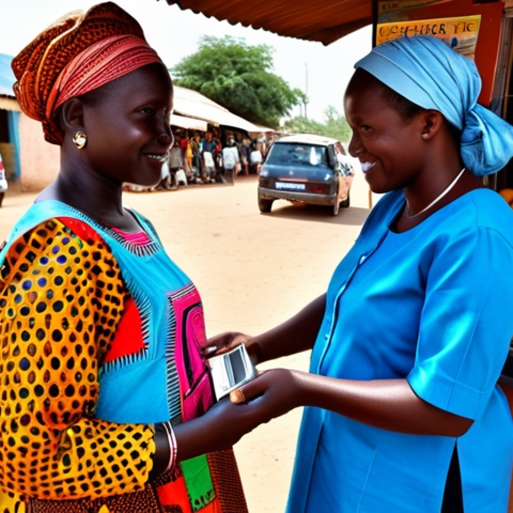 A Gambian woman, adult, fully clothed in modest, colorful traditional attire, stands near a small mobile money kiosk in a bustling village market. She is interacting with a friendly mobile money agent, who is also fully clothed in appropriate, professional attire. The market is vibrant with local produce and goods. Sunlight is soft and natural. The woman holds a mobile phone in her well-formed hand, illustrating a simple, safe transaction. The agent is attentively assisting her. Professional photography, high-resolution, sharp focus, natural lighting, perfect anatomy, correct proportions, natural pose, well-formed hands, proper finger count, natural body proportions, safe for work, appropriate content, fully clothed, modest, family-friendly.
