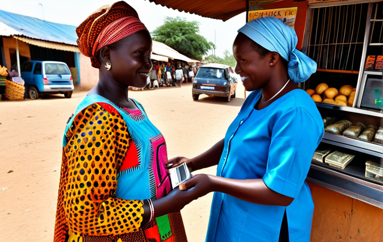 A Gambian woman, adult, fully clothed in modest, colorful traditional attire, stands near a small mobile money kiosk in a bustling village market. She is interacting with a friendly mobile money agent, who is also fully clothed in appropriate, professional attire. The market is vibrant with local produce and goods. Sunlight is soft and natural. The woman holds a mobile phone in her well-formed hand, illustrating a simple, safe transaction. The agent is attentively assisting her. Professional photography, high-resolution, sharp focus, natural lighting, perfect anatomy, correct proportions, natural pose, well-formed hands, proper finger count, natural body proportions, safe for work, appropriate content, fully clothed, modest, family-friendly.