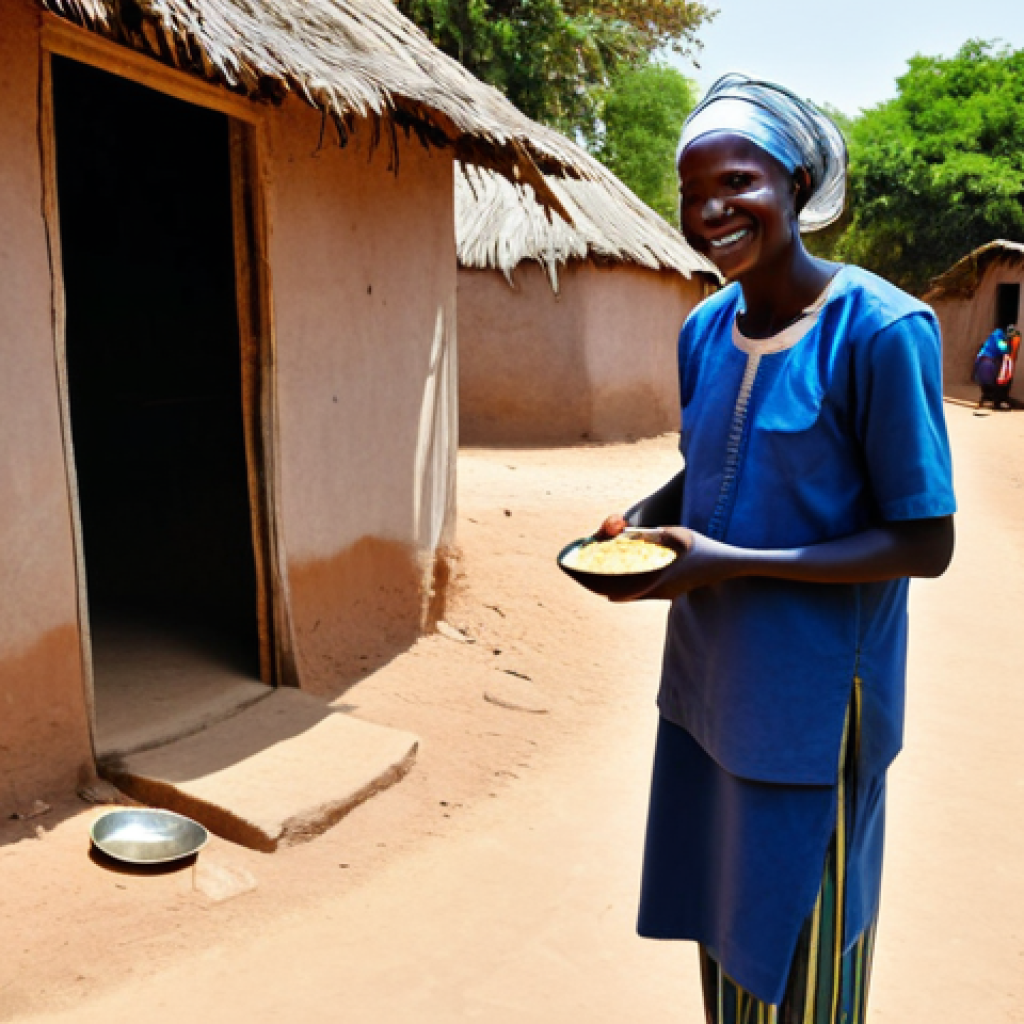 A respectful adult male traveler, fully clothed in modest, practical attire, is gratefully accepting a bowl of simple, warm food from an elderly Gambian woman. The woman, fully clothed in traditional, modest local dress, smiles warmly. They are standing outside a humble, traditional village hut on a dusty path in rural Gambia, bathed in the soft glow of a late afternoon sun. The scene embodies genuine hospitality and human connection. safe for work, appropriate content, fully clothed, family-friendly, perfect anatomy, correct proportions, natural pose, well-formed hands, proper finger count, natural body proportions, professional photography, high quality.