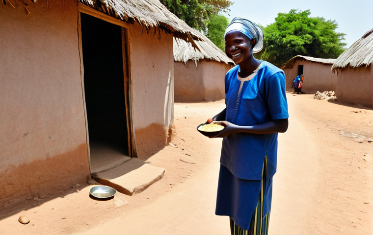 A respectful adult male traveler, fully clothed in modest, practical attire, is gratefully accepting a bowl of simple, warm food from an elderly Gambian woman. The woman, fully clothed in traditional, modest local dress, smiles warmly. They are standing outside a humble, traditional village hut on a dusty path in rural Gambia, bathed in the soft glow of a late afternoon sun. The scene embodies genuine hospitality and human connection. safe for work, appropriate content, fully clothed, family-friendly, perfect anatomy, correct proportions, natural pose, well-formed hands, proper finger count, natural body proportions, professional photography, high quality.