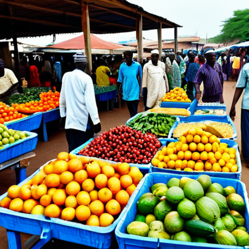 **

"Bustling Serrekunda Market scene, Gambia. Vendors in colorful, modest clothing selling fruits, vegetables, fabrics, and handicrafts. Wide shot showing the market's vibrancy and diversity, fully clothed, appropriate content, safe for work, perfect anatomy, natural proportions, professional photography, high quality, family-friendly."

**