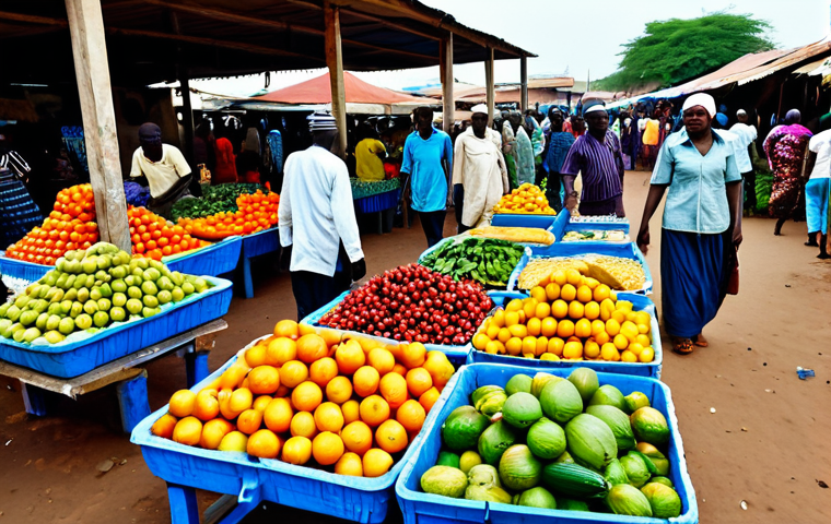 **

"Bustling Serrekunda Market scene, Gambia. Vendors in colorful, modest clothing selling fruits, vegetables, fabrics, and handicrafts. Wide shot showing the market's vibrancy and diversity, fully clothed, appropriate content, safe for work, perfect anatomy, natural proportions, professional photography, high quality, family-friendly."

**