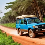 감비아에서 자동차 렌트 - **Prompt 1: Rural Gambian 4x4 Adventure**
    "A rugged 4x4 SUV, like a Toyota Land Cruiser, expertl...