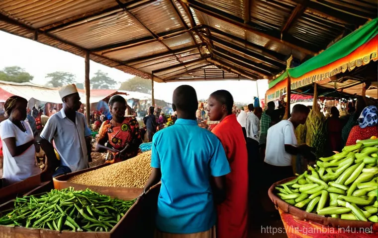 감비아 바칼롱 시장 탐방 - **Prompt:** "A bustling and vibrant open-air market in Gambia, filled with a kaleidoscope of warm, e...