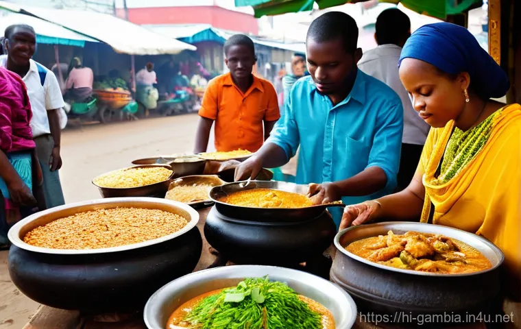 감비아 바칼롱 시장 탐방 - **Prompt:** "A bustling and vibrant open-air market in Gambia, filled with a kaleidoscope of warm, e...