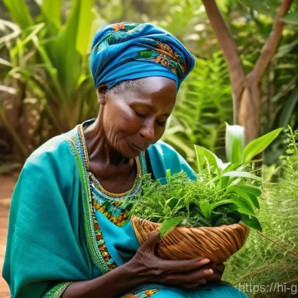 감비아 대체 의학 문화 - **Prompt:** A serene, elderly Gambian woman, with a kind and wise expression, is kneeling gently in ...