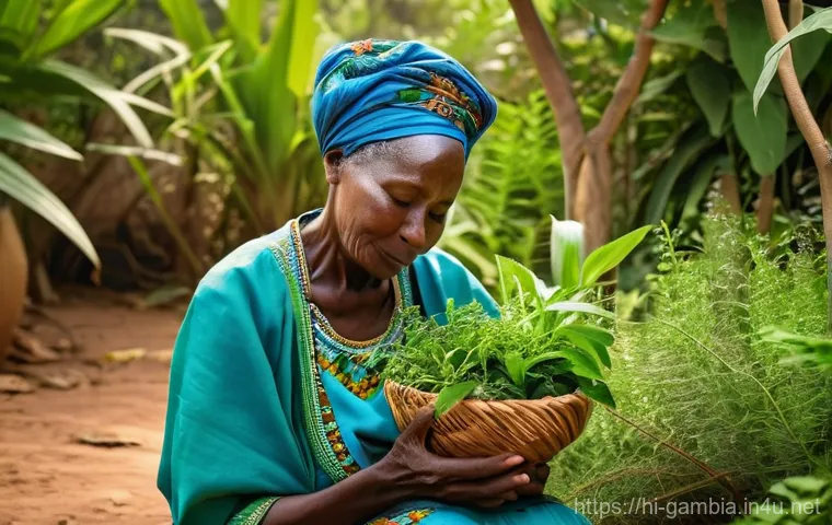 감비아 대체 의학 문화 - **Prompt:** A serene, elderly Gambian woman, with a kind and wise expression, is kneeling gently in ...