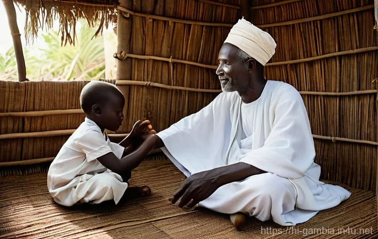 감비아 대체 의학 문화 - **Prompt:** A serene, elderly Gambian woman, with a kind and wise expression, is kneeling gently in ...