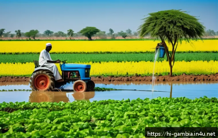 감비아 농업 및 어업 산업 - A vibrant rural Gambian farm scene showcasing local farmers using modern agricultural technology: a ...