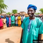 감비아와 미국 외교 정책 - A vibrant scene depicting a collaborative rural development project in Gambia supported by American ...
