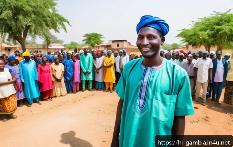 감비아와 미국 외교 정책 - A vibrant scene depicting a collaborative rural development project in Gambia supported by American ...