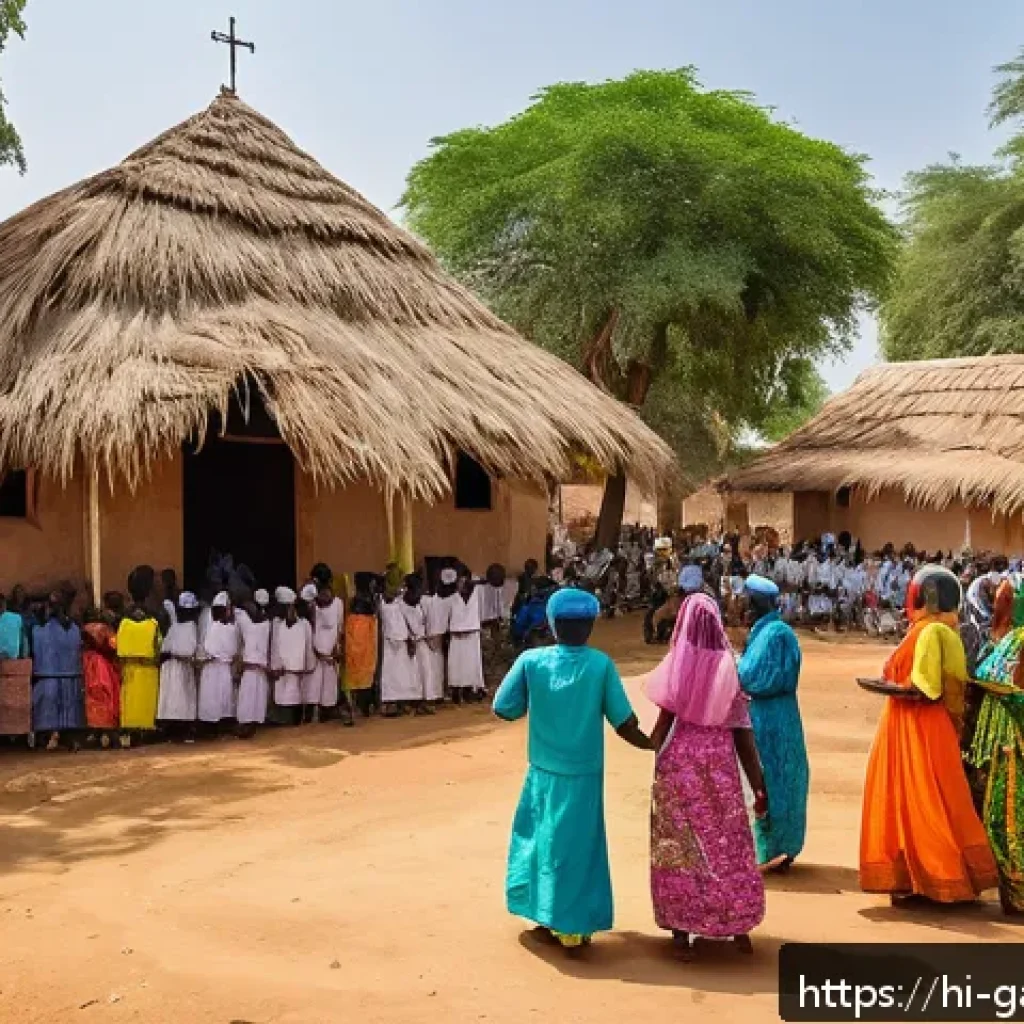 감비아 기독교 소수 집단 - A vibrant scene depicting a Christian minority community in rural Gambia celebrating a traditional r...