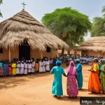 감비아 기독교 소수 집단 - A vibrant scene depicting a Christian minority community in rural Gambia celebrating a traditional r...