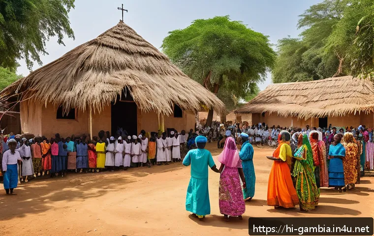 감비아 기독교 소수 집단 - A vibrant scene depicting a Christian minority community in rural Gambia celebrating a traditional r...