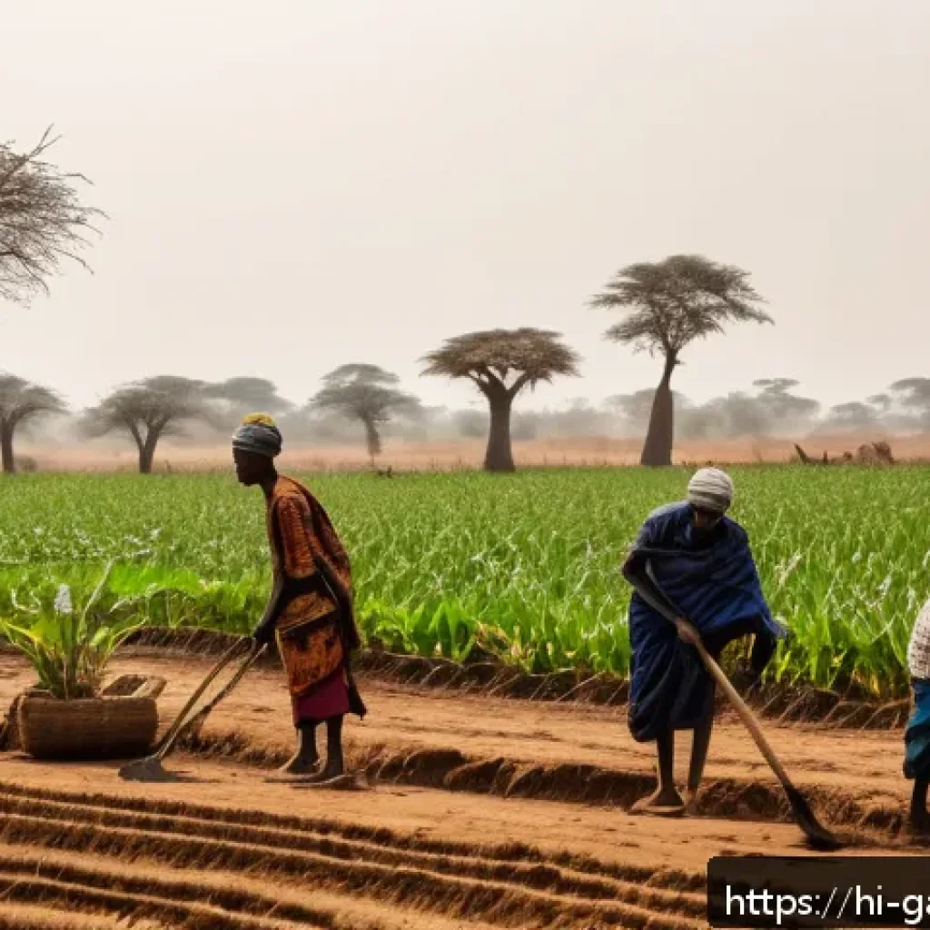 감비아에서의 기후 변화 영향 - A detailed rural Gambian farmland scene during an irregular rainy season, showing farmers in traditi...