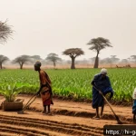 감비아에서의 기후 변화 영향 - A detailed rural Gambian farmland scene during an irregular rainy season, showing farmers in traditi...