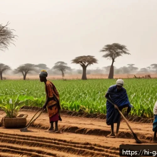 감비아에서의 기후 변화 영향 - A detailed rural Gambian farmland scene during an irregular rainy season, showing farmers in traditi...