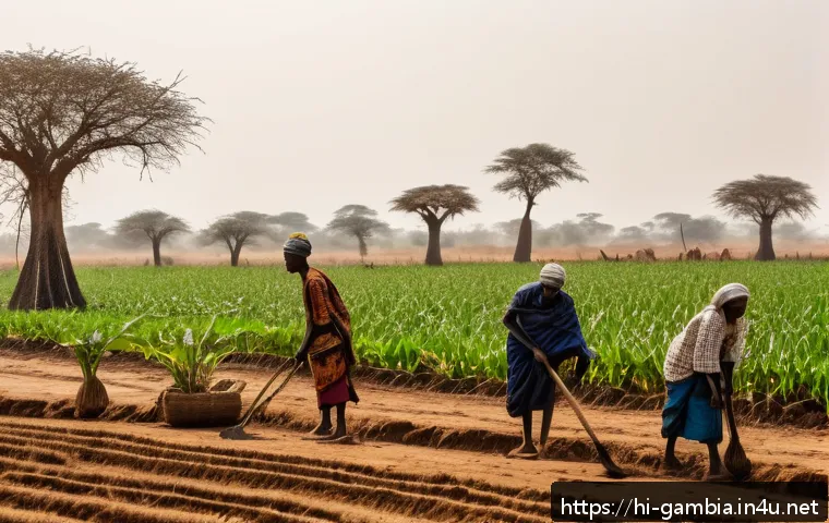 감비아에서의 기후 변화 영향 - A detailed rural Gambian farmland scene during an irregular rainy season, showing farmers in traditi...