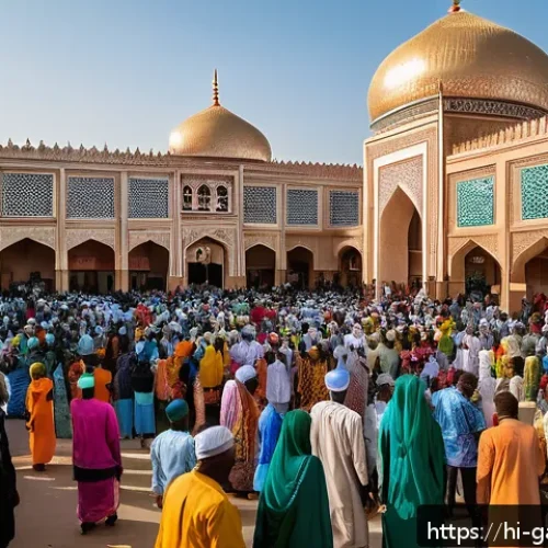 감비아의 종교 및 신앙 - A vibrant street scene in Gambia during Eid-ul-Fitr celebrations, featuring diverse families dressed...