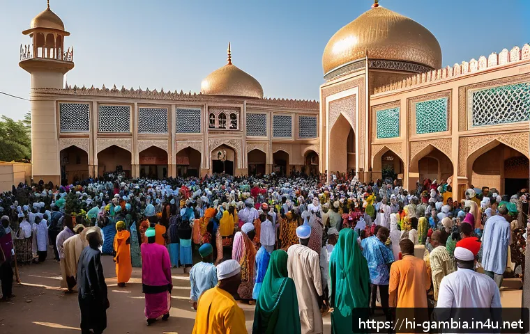 감비아의 종교 및 신앙 - A vibrant street scene in Gambia during Eid-ul-Fitr celebrations, featuring diverse families dressed...