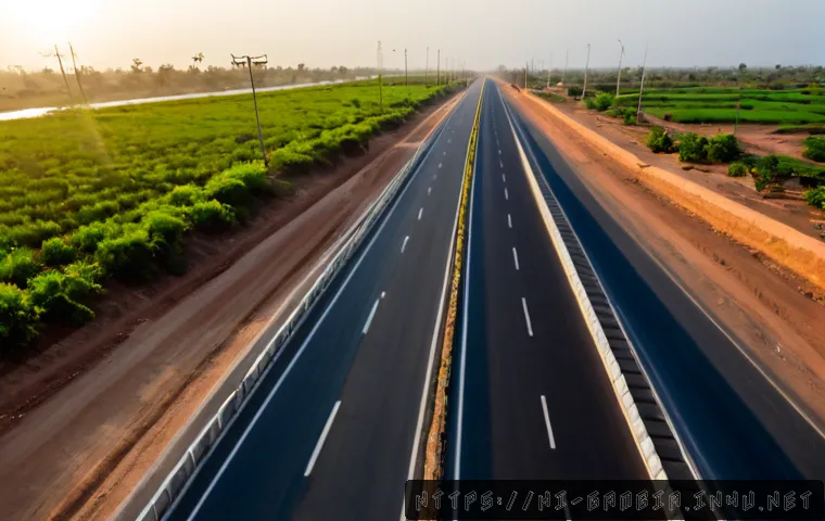 감비아의 인프라 발전 상황 - Photorealistic wide-angle view of modern infrastructure development in The Gambia, freshly paved two...