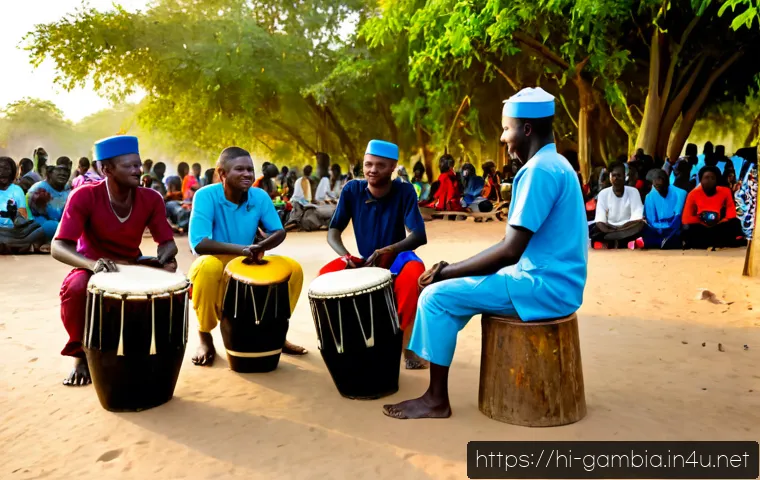 감비아 길거리 공연 문화 - Photorealistic street performance in The Gambia at golden hour, skilled West African drummers seated...